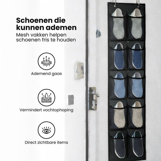 Schoenenkast Hangend - Schoenenzak 12 vakken - Opbergen van Schoenen aan Deur - Schoenenzak Zwart - Oplossing voor rondslingerende schoenen - Hoogwaardige Schoenenkast
