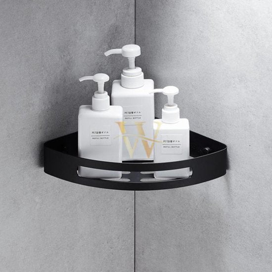 Hoek Doucherek Zwart – Badkamer Hoekplank met Schroefmontage – Roestvrij & Waterafvoer – 22 × 22 cm