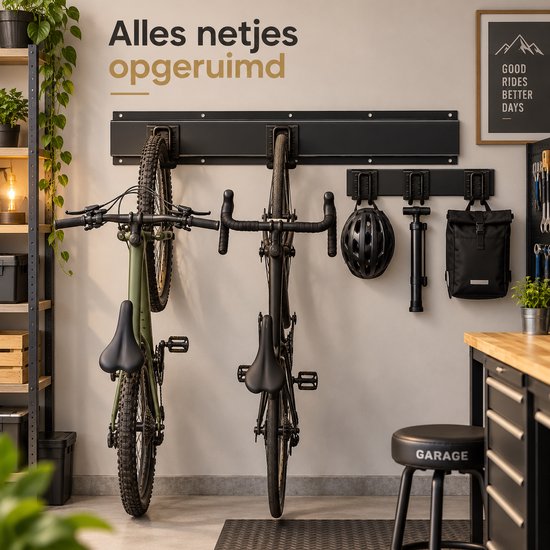 Fietsenrek Muur voor 4 Fietsen – Fiets Ophangsysteem Wand – Fietshouder met Rails & 8 Haken – Fiets Muurbeugel voor Garage en Schuur – Zwart