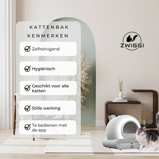 Zwiggi® Automatische kattenbak - Kattenbak zelfreinigend- Kattenbak + 45 Afvalzakjes (3 rollen) & Kattenbakmat - (Werkt met & zonder app) - Wit 65L