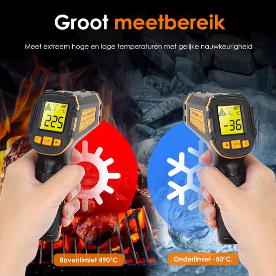 Vesfy Digitale Infrarood Thermometer - Bereik -50 t-m +490 °C - IR Thermometer - Warmtemeter - Vleesthermometer
