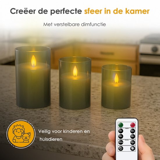 Pro Led Kaarsen met Bewegende Vlam en Afstandsbediening - Set van 3 - Timer en Dimfunctie - Kaarsen op batterijen
