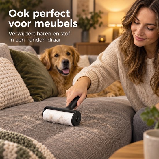 Kledingroller met 3 Navulrollen – 150 Kleefvellen – Plakroller voor Kleding & Meubels – Haarverwijderaar voor Honden- en Kattenharen – Pluisroller – Zwart