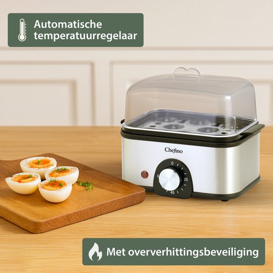 Chefino Eierkoker – Elektrisch – 8 Eieren – RVS – BPA-vrij – Timer & Automatische Uitschakeling – Inclusief Maatbeker met Eierprikker & Pochéerschaal – Anti-oververhitting – Zilver-Zwart