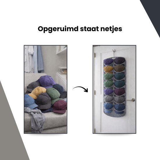 Cap Rack - Petjes Organizer voor aan Deur - Grijs - 14 Petten - Organizer voor Petjes en Caps - Petjes Opbergsysteem - Vilt - Petten Houder - Petten Opbergzak - Hat Holder - 130 x 46 cm
