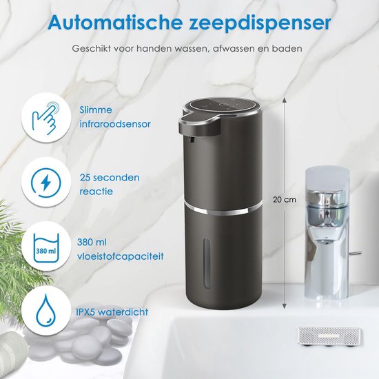 Vesfy Automatische Zeepdispenser Zwart met Wandmontage - USB Oplaadbaar - Infrarood Sensor en Foamfunctie - 380ml - Zeeppompje