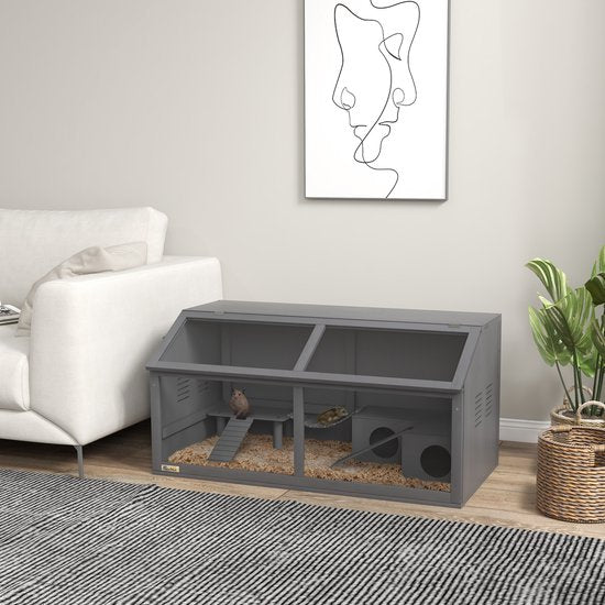 Houten Hamsterkooi met Houten Huis 52x100x50 cm - Grijs
