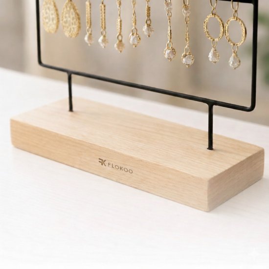Sieradenrek met Houten Voet – Oorbellen Houder Staand – Sieraden Organizer 4 Rijen – Metalen Display Standaard – Oorbellen Display 36 cm – Sieradenhouder voor Oorbellen & Sieraden