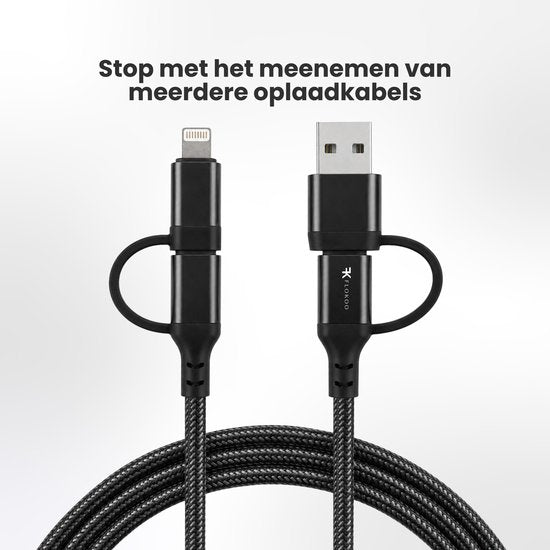 3-in-1 USB Kabel – 1 meter – Snelladen & Dataoverdracht – USB naar USB-C - Lightning – Nylon Gevlochten – Zwart - oplaadkabel Telefoon