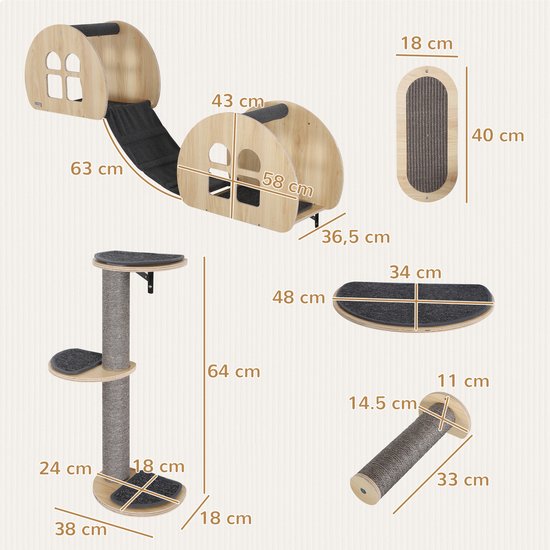 Klimmuur voor Katten 7-delig met Sisalladder - Platform - Krabpaal Grijs