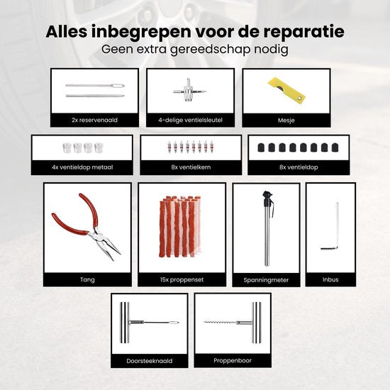 Bandenreparatieset Auto & Motor – Tubeless Banden Reparatie Kit – Complete Set met Pluggen, Gereedschap & Opbergtas – Noodreparatie Autoband