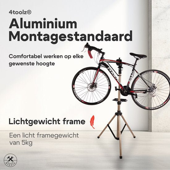 4toolz® Fiets Reparatiestandaard PRO – Aluminium – 360° Draaibaar - Met Gereedschapsbakje
