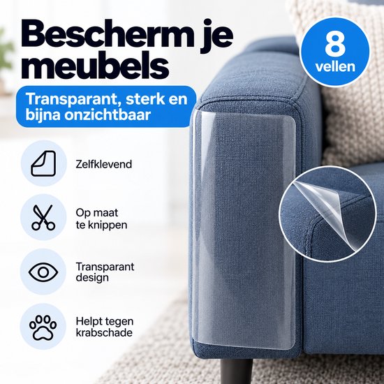 Anti Krab Vellen Kat – 8 XXL Meubelbeschermers – 43,2 x 30,5 cm – Transparante Zelfklevende Krabfolie – Op Maat te Knippen – Voor Bank, Meubels & Deuren
