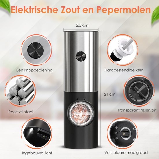Vesfy Elektrische Peper en Zoutmolen Set - USB Oplaadbaar met Laadstation - XXL - Instelbare Maalgraad - LED Licht - BBQ Accessoires - Pepermolen