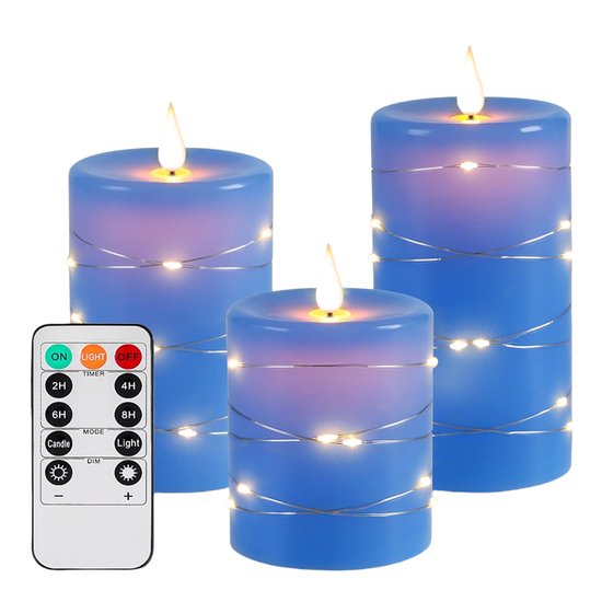 NovaWare LED Kaarsen met Bewegende Vlam - Set van 3 - Kaarsen op batterijen met afstandsbediening – Elektrische Kaarsen - Flikkerende vlam - Oplaadbaar - Timer en Dimfunctie - Blauw