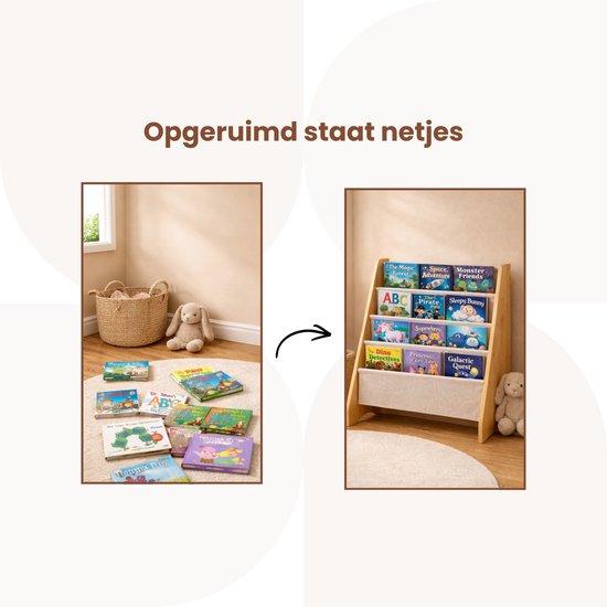 Kinderboekenkast - Bruin - Hout met Linnen - Kinderboekenrek - Boekenrek Kinderkamer