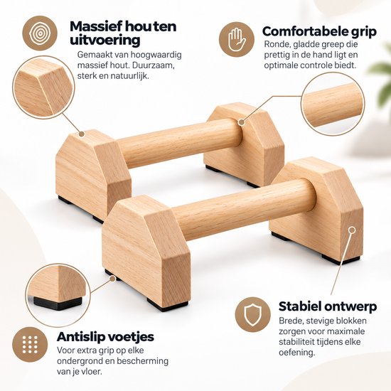 Houten Parallettes Set van 2 – Push Up Bars & Opdruksteunen – Voor Calisthenics, Handstand en L-Sit – Antislip – Massief Hout