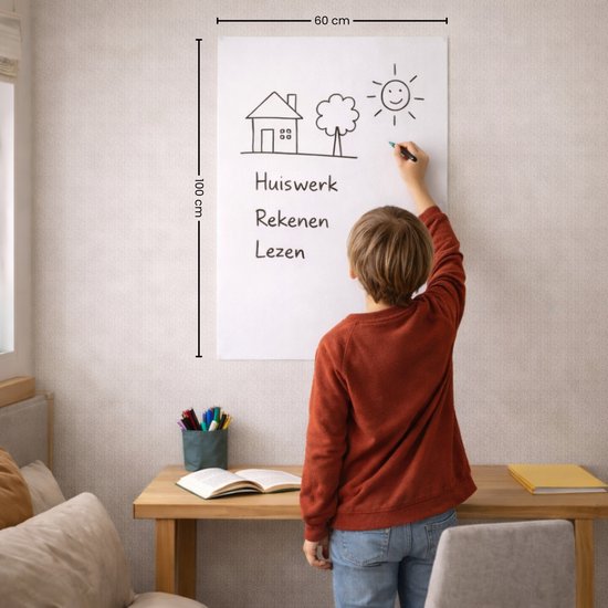 FLOKOO Whiteboard Sticker XL Zelfklevend (200 x 45 cm) met 4 Stiften met Wisser - Whiteboard Folie - Beschrijfbare Muursticker - Whiteboardsticker - Whiteboardfolie - Schoolbord Folie - Memobord Folie