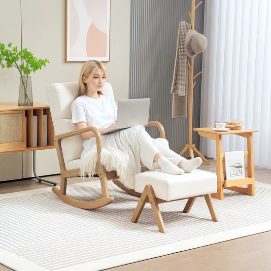 Schommelstoel met Kruk - Zachte Bekleding Linnenlook - Houten Frame - Crèmewit