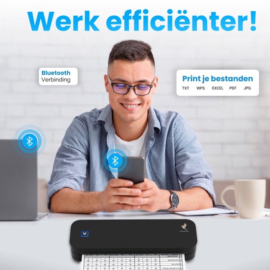 NovaWare® Thermische Printer A4 - Sticker Printer - Pocket Printer - Mini Printer voor Mobiel - Laptop - tablet - Verzendlabel - Barcode - Tattoo - Portable Printer - Shipping Label - Zwart