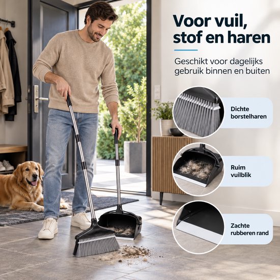 Bezem met Stofblik en Lange Steel – Bezem en Blik Set – Telescopisch & Zelfreinigend – Staande Stoffer en Blik – Voor Haren, Stof en Kruimels – Zwart