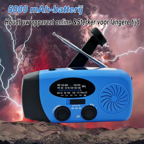 NovaWare Noodradio Solar Opwindbaar - Powerbank Zonneenergie met 5000mAh - FM-AM - Noodpakket - Draagbare Radio – Batterij - Blauw