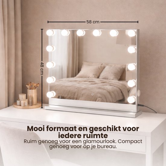 ⁠Jeemsie – Hollywood Spiegel met Verlichting – 3 Lichtstanden, Dimbaar, Touch – Tafel & Wandmontage – 58×48 cm – Wit
