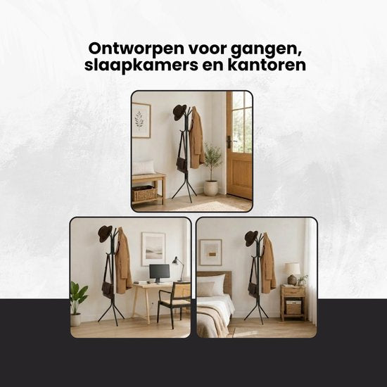 Kapstok Staand – Kledingrek met 8 Haken – Hoogte 172 cm – Staande Kapstok Metaal – Vrijstaande Kapstok – Zwart – Voor Hal, Slaapkamer en Kantoor