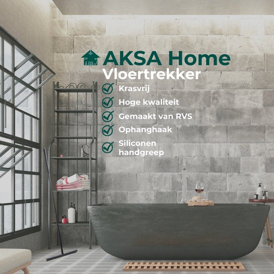 AKSA Home® Vloertrekker - Douchewisser - Trekker Douche - RVS Vloerwisser - met Steel - Zwart