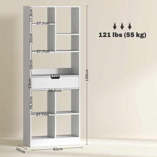 4goodz Boekenkast met 9 vakken en 1 lade - 24x60x158 cm - Wit