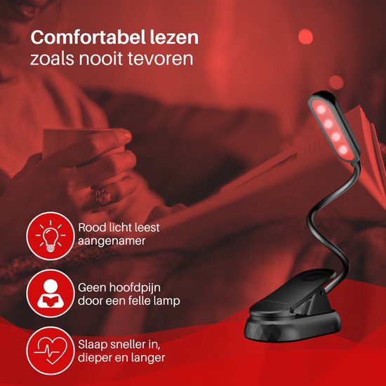 Roodlicht Leeslampje - Stimuleert Melatonine en Bioritme voor Betere Slaap - Klemlamp voor in Bed - Leeslampje voor Boek - Rood Licht Lamp