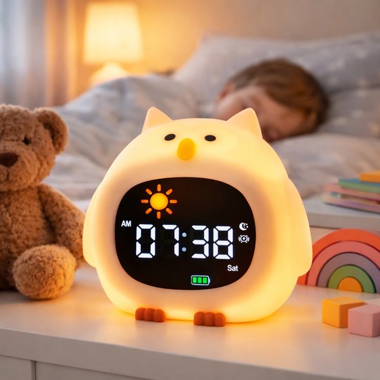 Kinderwekker Uil met Nachtlampje – Digitale Wekker Kind – Slaaptrainer Kinderwekker – LED Klok met Kleurenlicht – Oplaadbare Wekker Kinderkamer – Alarmklok voor Peuter en Kind