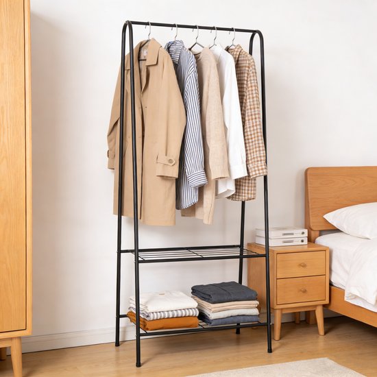 Kledingrek Staand – Kledingrek met Planken – Garderoberek Metaal – Open Kast – Kapstokrek – Zwart – Voor Slaapkamer en Hal
