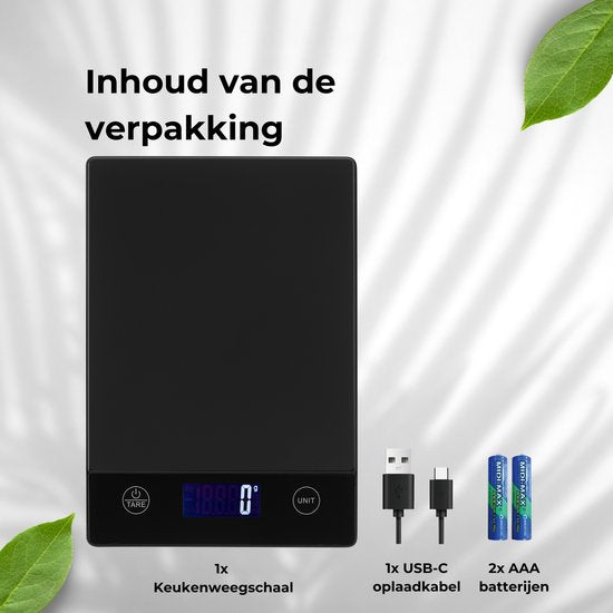 AKSA Home® Digitale Precisie Keukenweegschaal – Weegschaal Keuken - USB Oplaadbaar - 1gr tot 15kg – Tarra Functie - Inclusief Twee Batterijen - Zwart
