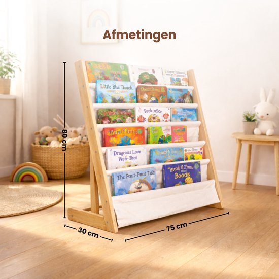 Kinderboekenkast - Bruin - Hout met Linnen - Kinderboekenrek - Boekenrek Kinderkamer
