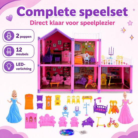 DMG Supply Groot Poppenhuis - Hoog - Meerdere Verdiepingen - Poppen - Meubels