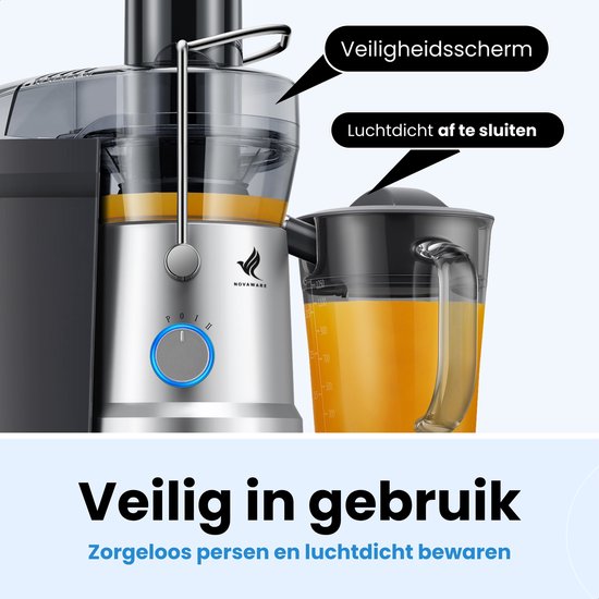 NovaWare Sapcentrifuge – Juicer voor Groenten en Fruit – Grote Vulopening & Pulpcontainer – 1200W – 1.25L - 3 Snelheden