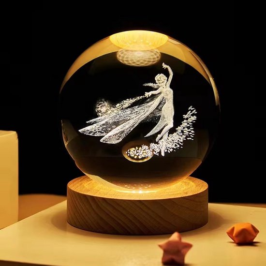 DMG Supply 3D Kristallen Bol Lamp - Prinses - USB Oplaadbaar - LED Lamp - Nachtlamp - Tafellamp - Bureaulamp