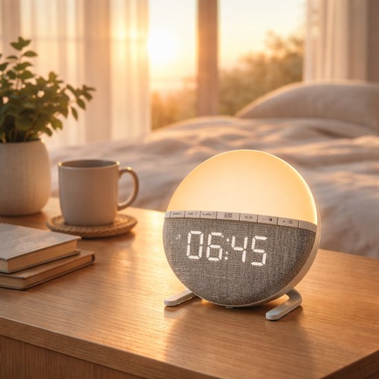Wake Up Light Wekker – Sunrise Lichtwekker met Nachtlamp – Digitale Alarmklok met Snooze – Dimbare Nachtlamp & Zonsopgang Simulator – Oplaadbare Wekker Slaapkamer – 12-24h LED Klok