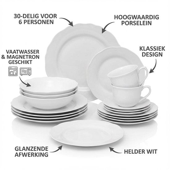 Serviesset 6 persoons Alma - Klassiek Servies Porselein 30-delig - Wit