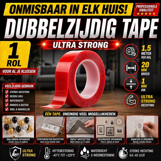 24ME® Pakket met 10 Rollen Dubbelzijdig Montagetape - Totaal 15 meter - Sterke Hechting - Transparant - Ultra Strong