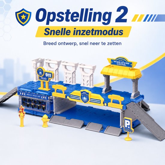 DMG Supply Politiegarage - 4-in-1 - Politiebureau met 2 Metalen Auto’s - 3 Laags Parkeergarage - Speelset
