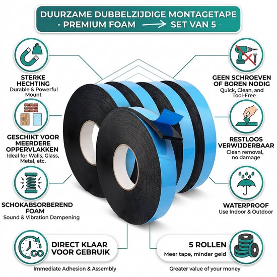 24ME® - Pakket van 5 Rollen - 25 Meter Foam Tape – 2 cm Breed – Dubbelzijdige Tape voor Montage, Klussen, Auto & Hobby