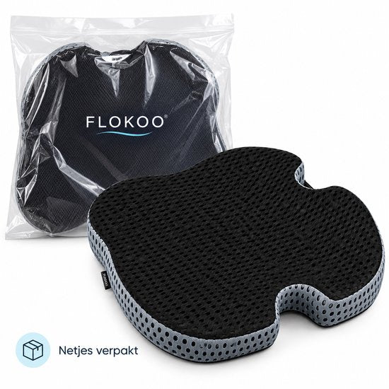 Ergonomisch Zitkussen – Memory Foam Stoelkussen met Stuituitsparing – 48 x 41 x 7 cm – Zitkussen voor Bureaustoel, Auto & Thuis – Ademend 3D Mesh – Zwart