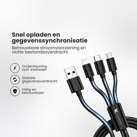 FLOKOO 3-in-1 USB Kabel – 1 meter – Snelladen & Dataoverdracht – USB naar USB-C - Micro-USB - Lightning – Nylon Gevlochten – Zwart - Oplaadkabel Telefoon