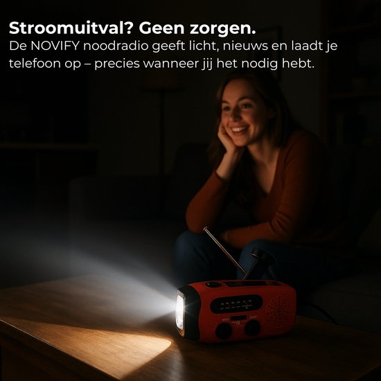 NOVIFY Noodradio - Oplaadbare Radio met Powerbank en Zaklamp - AM/FM - USB-C Kabel - Opladen via Zon, USB & Crank - Survival Radio voor Noodsituaties en Avontuur