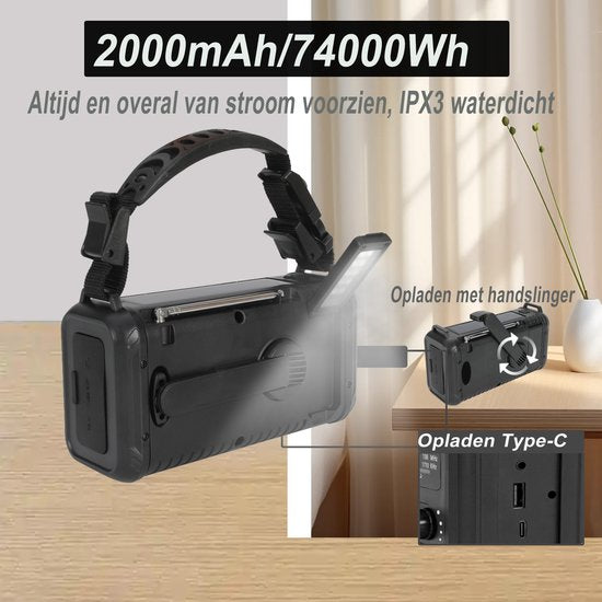 NovaWare NoodRadio Solar Opwindbaar - FM-AM - Powerbank Zonneenergie met 20.000mAh - Noodpakket - Draagbare Radio op batterijen – Zwart