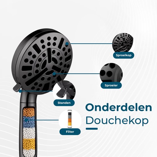 AKSA Home® Douchekop met Slang - Douchekop met Filter - 10 sproeistanden - Regendouche met Hoge Druk - Zwart
