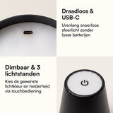 Fidali Flessenlamp - Oplaadbare LED Tafellamp USB-C - Dimbaar met touch bediening - Binnen & Buiten - Aluminium - Zwart - 2 Stuks