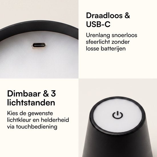 Fidali Flessenlamp - Oplaadbare LED Tafellamp USB-C - Dimbaar met touch bediening - Binnen & Buiten - Aluminium - Zwart - 2 Stuks